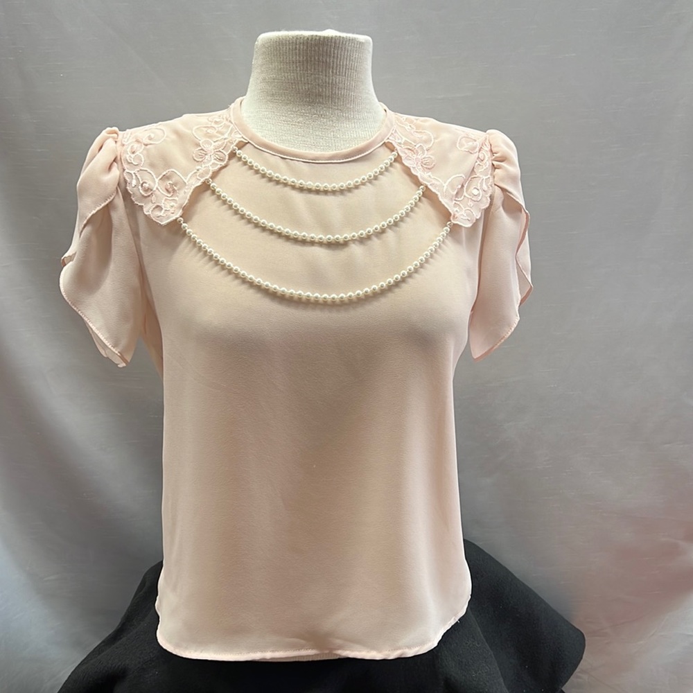Pale Pink Sheer At Once Vintage Petal Sleeve Pullover Round Neck Top Size small